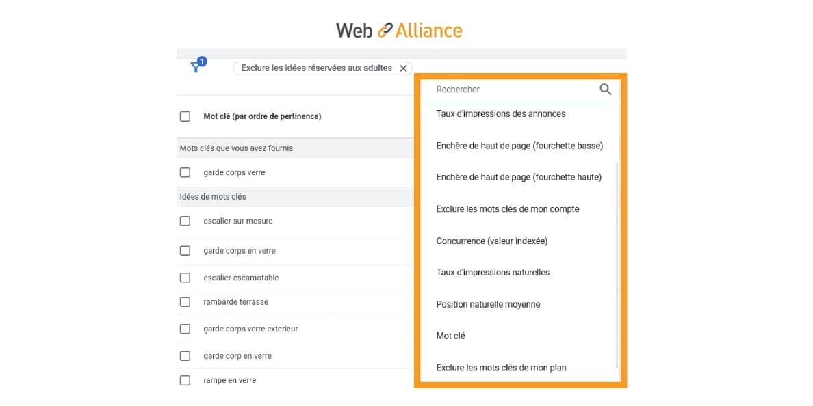 filtre keyword planner