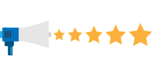 Haut parleur bleu d'où sortent 5 étoiles jaunes