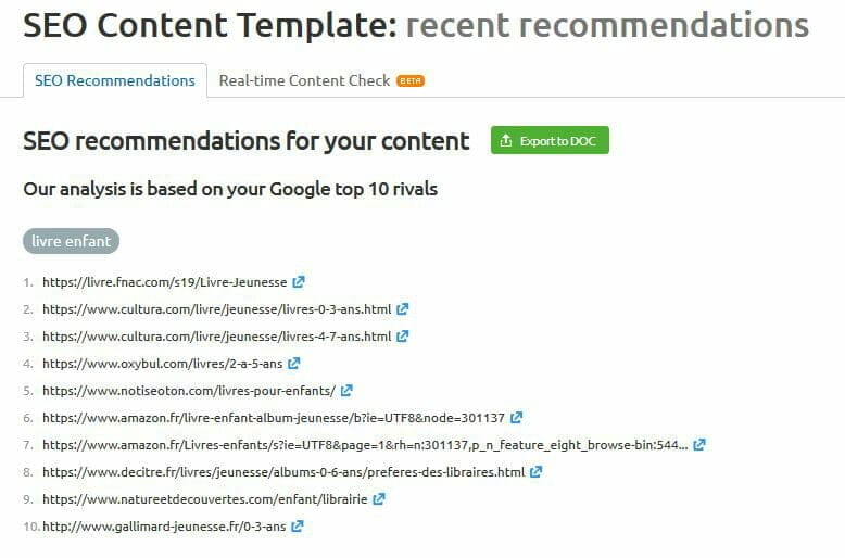 recommandation seo content template sem rush