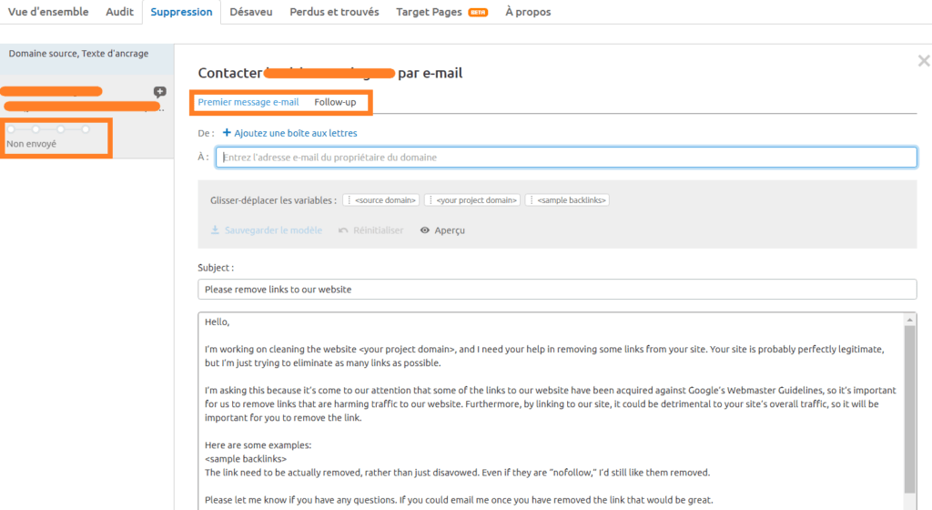backlink audit suppression email semrush